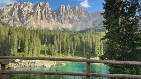Lake Carezza Panoramic View with Reflection, Dolomites Italy Stock Footage 339792283