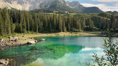 Lake Carezza Serene Wide Angle View, Dolomites Italy Stock Footage 339792039