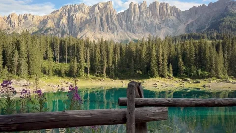 Lake Carezza Under Clear Blue Sky, Dolomites Italy Video stock 339792317