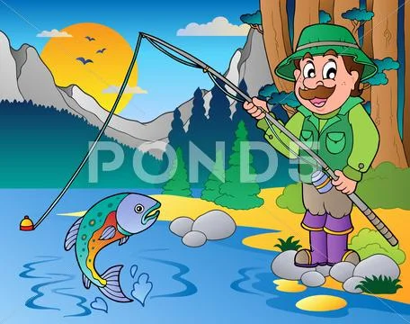Lake with cartoon fisherman Stock Illustration