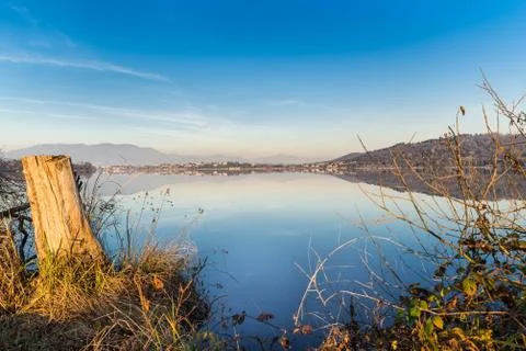 Lake Comabbio, view towards Ternate and Varano Borghi -  (Varese, Italy) Stock Photos