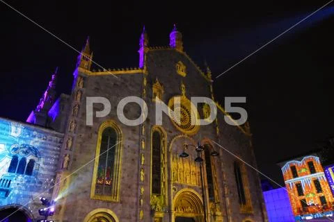 Lake of Como, Italy - Cathedral in Magic Light Festival - City of Toys 2017 Stock Photos