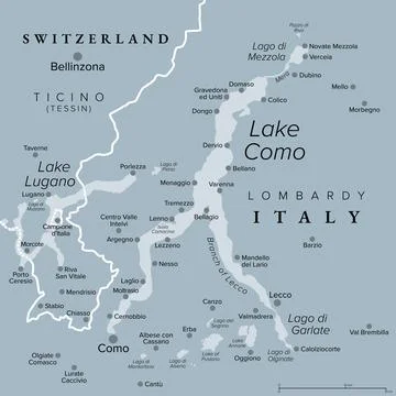 Lake Como, Lago di Como in Lombardy, Italy, gray political map Illustrazione stock