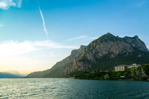 Lake Como surrounded by mountains over Lecco city, Lombardy, Italy Stock Photos