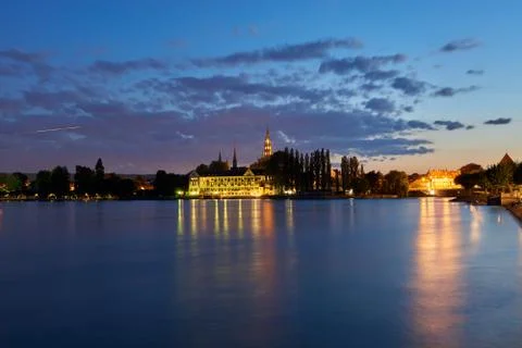 Lake of Constance, looking at the city, a hotel, the cathedral Stock Photos