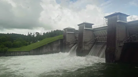 Lake dam with open gates flowing water. Floodgate in Myczkowce, Poland. Stock Footage 133208461