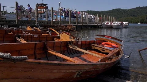 Lake district view of Windermere with tourist boats,  leisure activities UK 4K Stock Footage 111897053