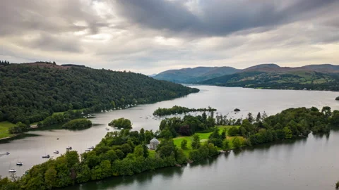 Lake District Windermere Cloudy Hyperlapse Aerial England UK Stock Footage 205422171