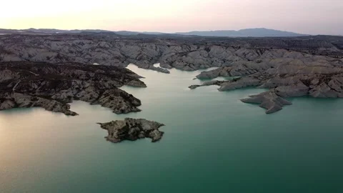 Lake drone view at sunset. Gebas lake or barrancos. Scenic landscape. Stock Footage 158538092