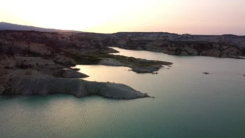 Lake drone view at sunset. Gebas lake or barrancos. Scenic landscape. Video stock 158538272