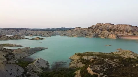 Lake drone view at sunset. Gebas lake or barrancos. Scenic landscape. Vídeo Stock 158538509