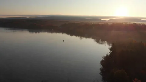 Lake fall forest aerial drone dawn wide  Stock Footage 169237319