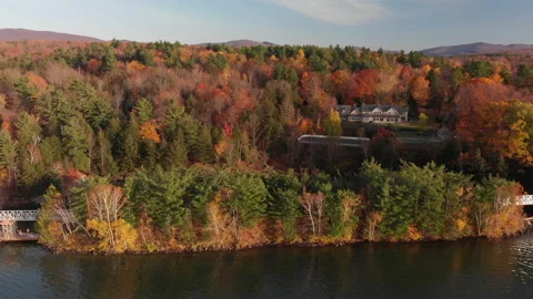 Lake fall forest aerial drone at dawn lakeside homes color Stock Footage 169242882