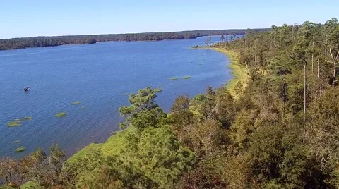 Lake Flyover with Bass Boat Stock Footage