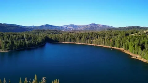 Lake Flyover, Pine Trees, Tahoe National Forrest, Aerial View Stock Footage 281536181