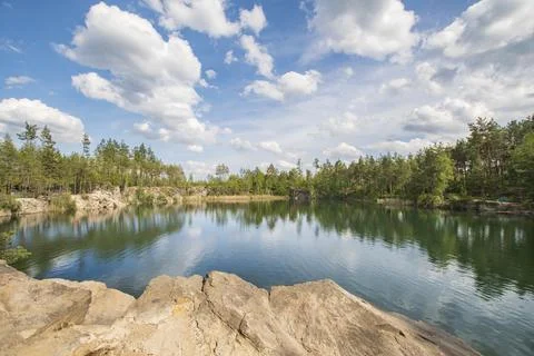 Lake In Forest With Cloudy Sky Stockfoto's