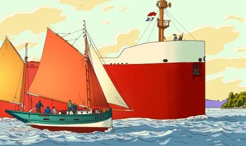 Lake Freighter Next To Sail Boat Illustrazione stock