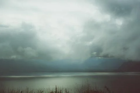 Lake Geneva (CH) through the clouds - from the highway Stock Photos