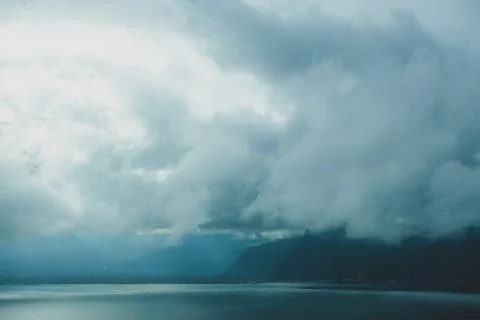 Lake Geneva (CH) through the clouds - from the highway Stock Photos