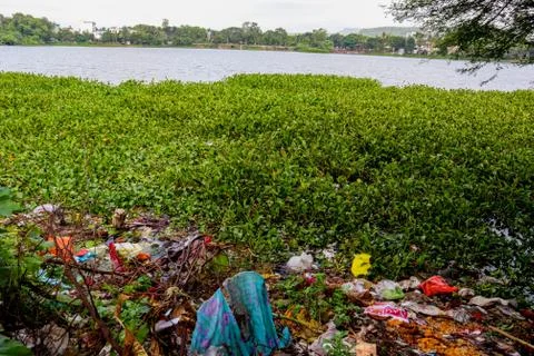 Lake Getting Polluted Due To Garbage Thrown 스톡 사진