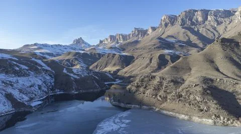 Lake Gizhgit, Prielbrusye, mountains in winter, Russia, North Caucasus Stock Photos