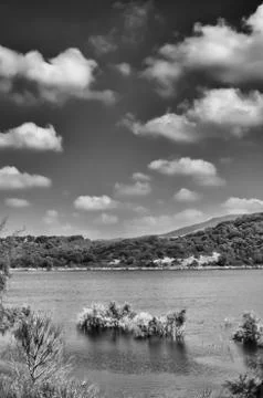 Lake, grass, clouds, mountain Stock Photos