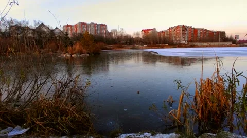 Lake half covered in ice with ducks Stock Footage 220501685