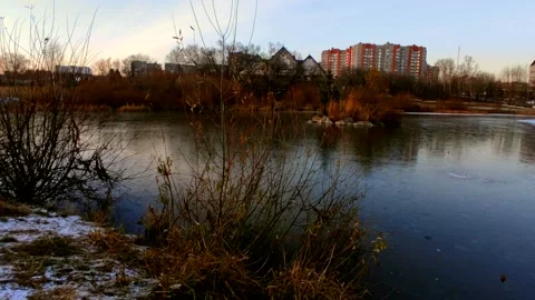 Lake half covered in ice with ducks Stock Footage 220501757