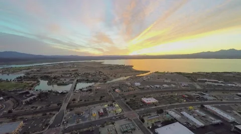 Lake Havasu City at autumn evening during sunset. Aerial view Stock Footage