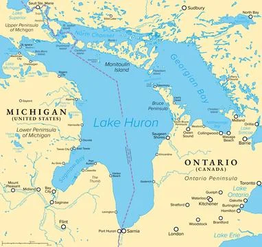 Lake Huron, one of the five Great Lakes in North America, political map Illustration