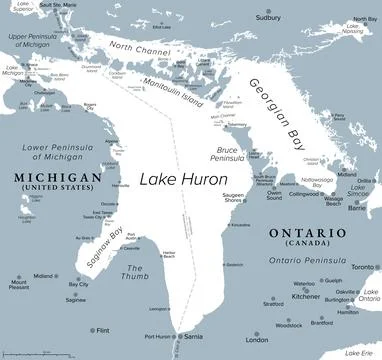 Lake Huron, one of five Great Lakes in North America, gray political map Stock Illustration