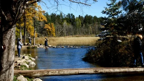 Lake Itasca held behind a man made dam at the headwaters of the Mississippi Stock Footage 97030185