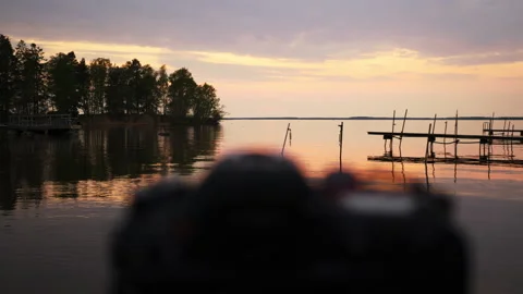 Lake landscape of camera with beautiful sunset in the evening on peaceful day Video stock 170449805