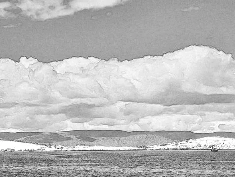Lake landscape with dramatic clouds over distant shoreline Stock Illustration