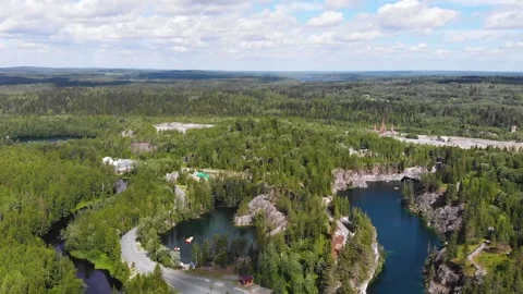 Lake light Tohmajoki river Marble quarry Ruskeala (Karelia, Russia) aerial view 動画素材 137394284