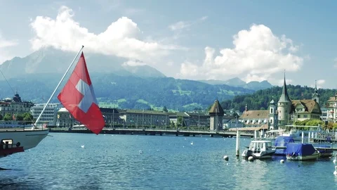 Lake Lucerne swiss flag Stock Footage 78973579