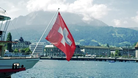 Lake Lucerne swiss flag Stock Footage 78974203