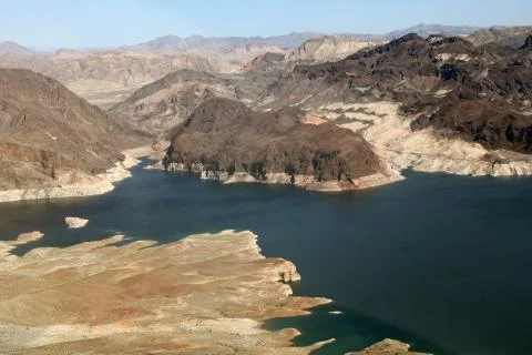 Lake mead reservoir with drought visible in nevada and arizona Stock Photos