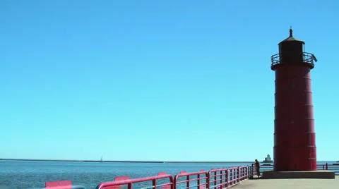 Lake Michigan Pierhead Lightouse Stock Footage 1076397