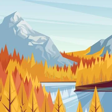 Lake in mountain valley, vector fall illustration. Autumn landscape backgroun Stock Illustration