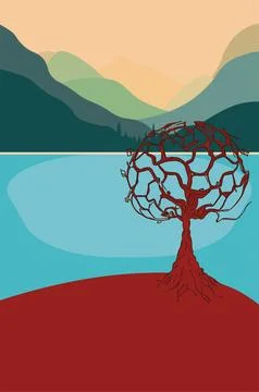 Lake in the mountains and tree Ilustração Stock