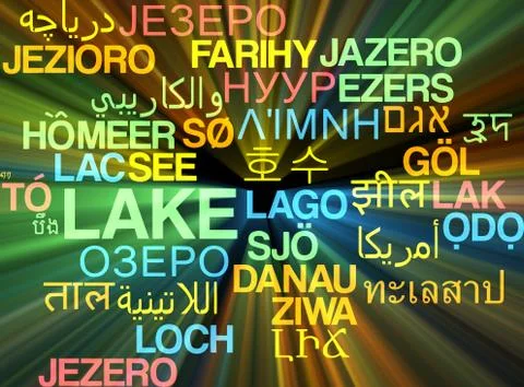 Lake multilanguage wordcloud background concept glowing Stock Illustration