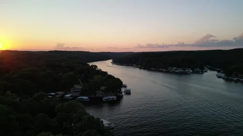 Lake of the Ozarks Sunset Orbit – 360 Drone View Over Water Stock Footage 320809115