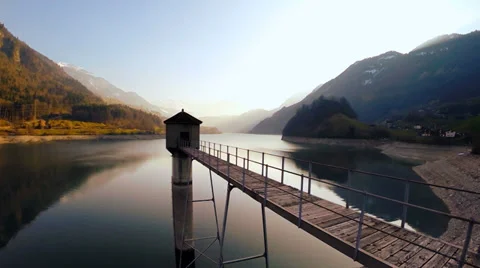 Lake panorama. fly over. path way road street. aerial view Stock Footage 36955404