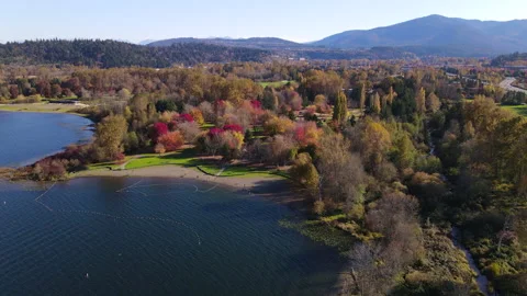Lake Park Waterfront, Sunny Weather, Autumn Colors, Drone/Aerial Trucking & Pan Stock Footage