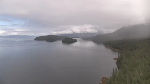 Lake with Pine Tree covered islands and Coast drone Stock Footage 255144737