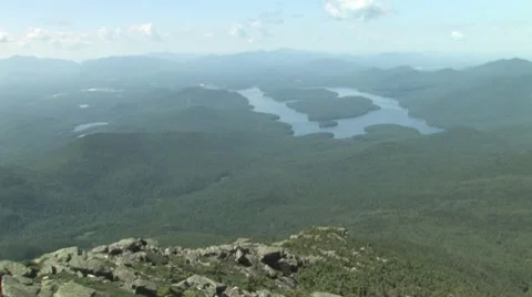 Lake Placid viewed from the Top of Mount Whiteface Stock Footage 8646931
