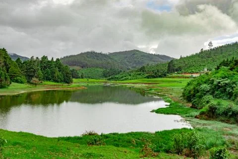 Lake pristine with mountain water reflection at morning 스톡 사진