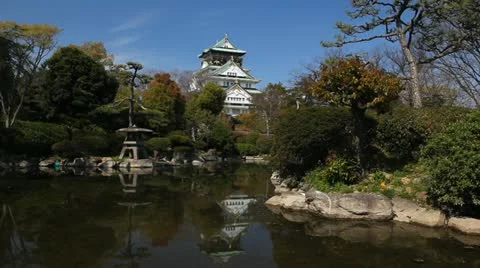 Lake Reflection Iconic Osaka Castle Japanese Building Famous Asian Tower Day Stock Footage 12449136