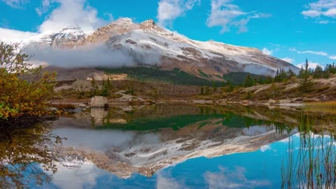 Lake Reflection of Massive Mountain Snow Covered Peak In Banff Mt K2 Cropped Stock Footage 136642160